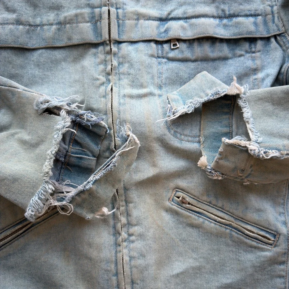 Vintage Distressed Denim Zip Up Jacket Light Wash Workwear Trucker Mens L/XL